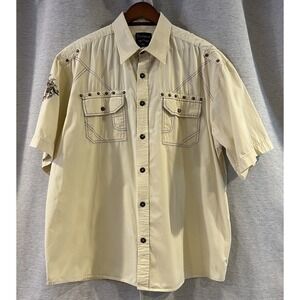 En4orce Button Up Shirt Brown 2XL‎ Embroidered Studded Knight Print Short Sleeve
